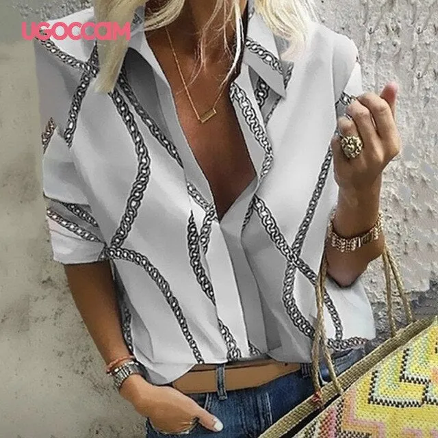 Long Sleeve Women Print Chiffon Blouse