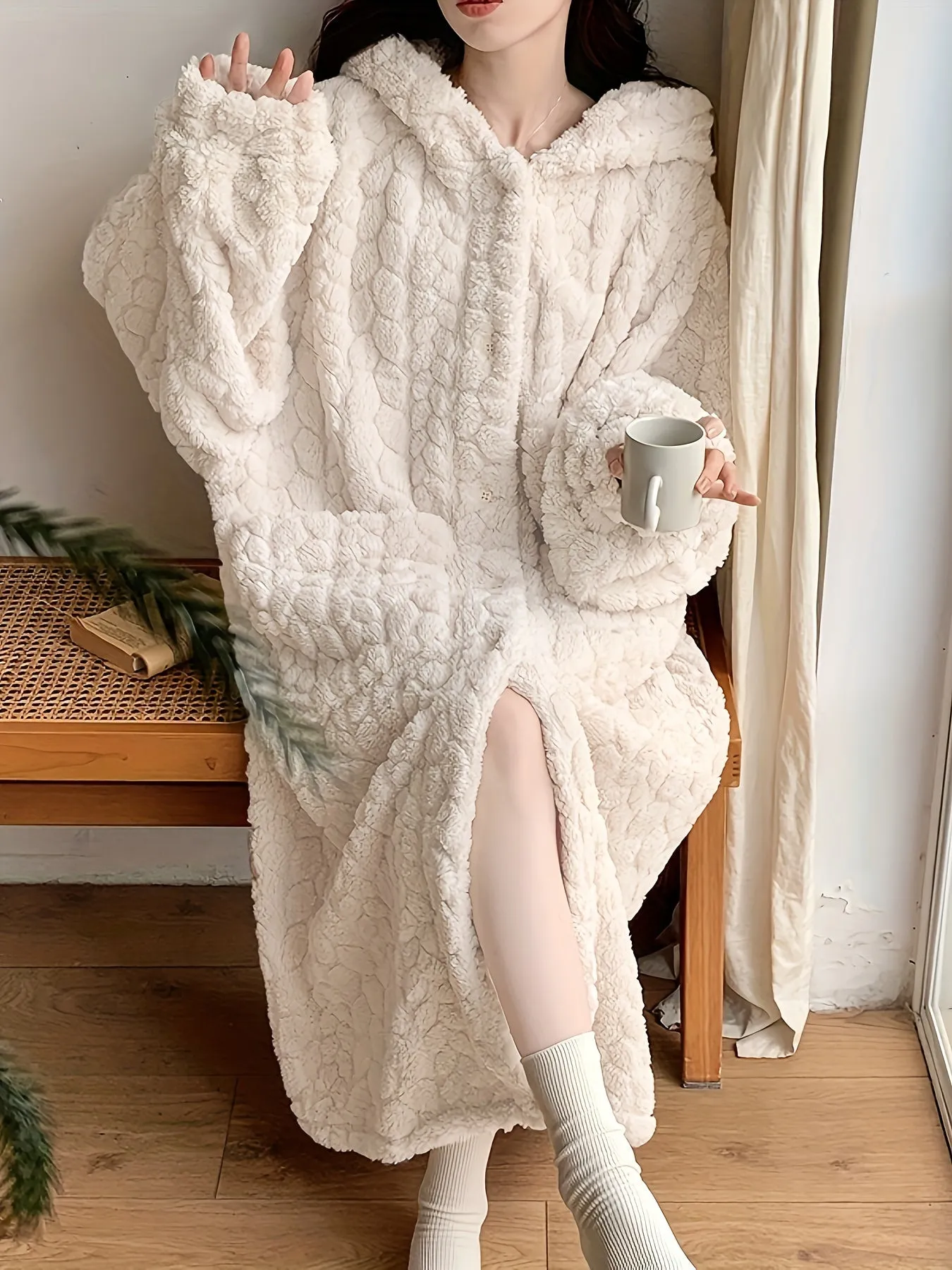 Luxurious Fleece Robe - Ultra-Soft Solid Jacquard Fleece, Thickened for Extra Warmth, Long Sleeve, Buttons, Hooded, Longline with Pockets - Perfect for Womens Sleepwear and Loungewear on Chilly Fall and Winter Days