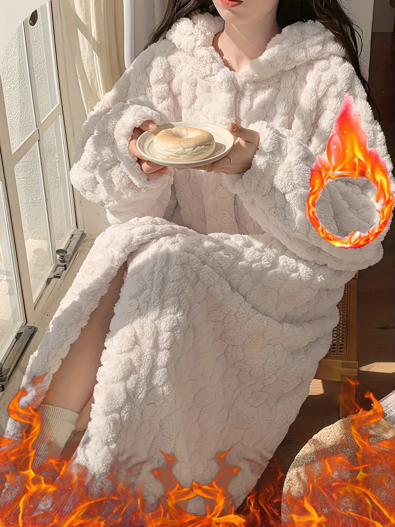 Luxurious Fleece Robe - Ultra-Soft Solid Jacquard Fleece, Thickened for Extra Warmth, Long Sleeve, Buttons, Hooded, Longline with Pockets - Perfect for Womens Sleepwear and Loungewear on Chilly Fall and Winter Days