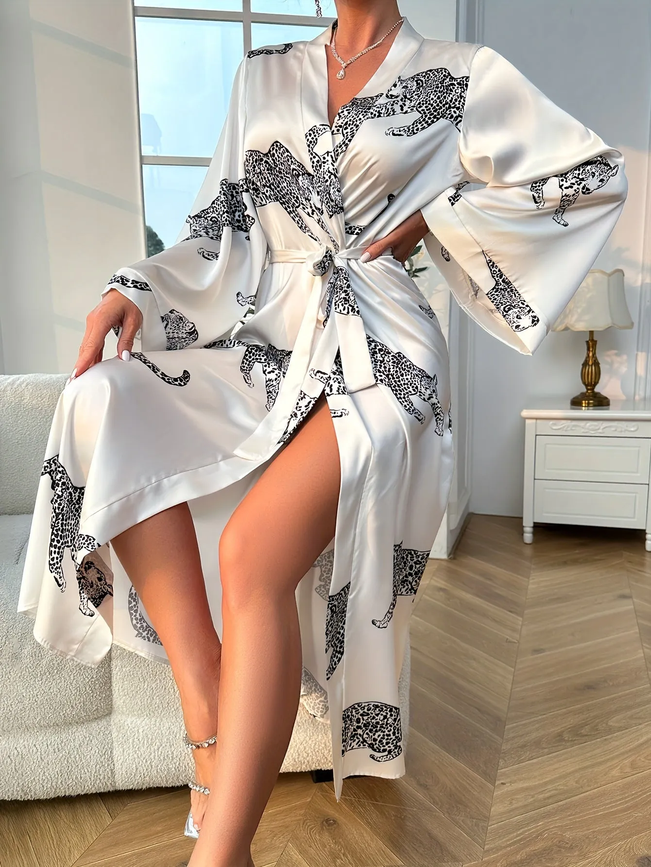 Luxurious Leopard Print Satin Long Sleeve Longline Night Robe for Women - Elegant Sleepwear & Dresses with Belt - Soft, Comfortable, and Cozy Fall Fashion Must-Have