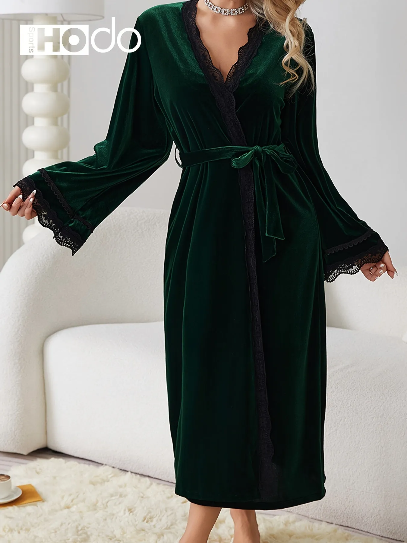 Luxurious Velvet Night Robe - Soft Bell Sleeve, Longline Design, Adjustable Belt, Elegant Lace Trim, Cozy Women's Loungewear and Sleepwear for Relaxation