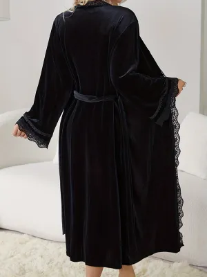 Luxurious Velvet Night Robe - Soft Bell Sleeve, Longline Design, Adjustable Belt, Elegant Lace Trim, Cozy Women's Loungewear and Sleepwear for Relaxation