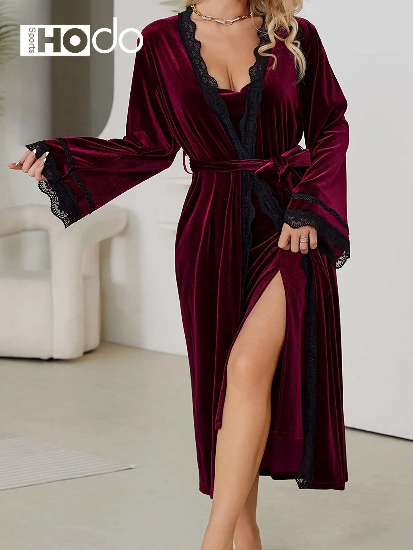 Luxurious Velvet Night Robe - Soft Bell Sleeve, Longline Design, Adjustable Belt, Elegant Lace Trim, Cozy Women's Loungewear and Sleepwear for Relaxation