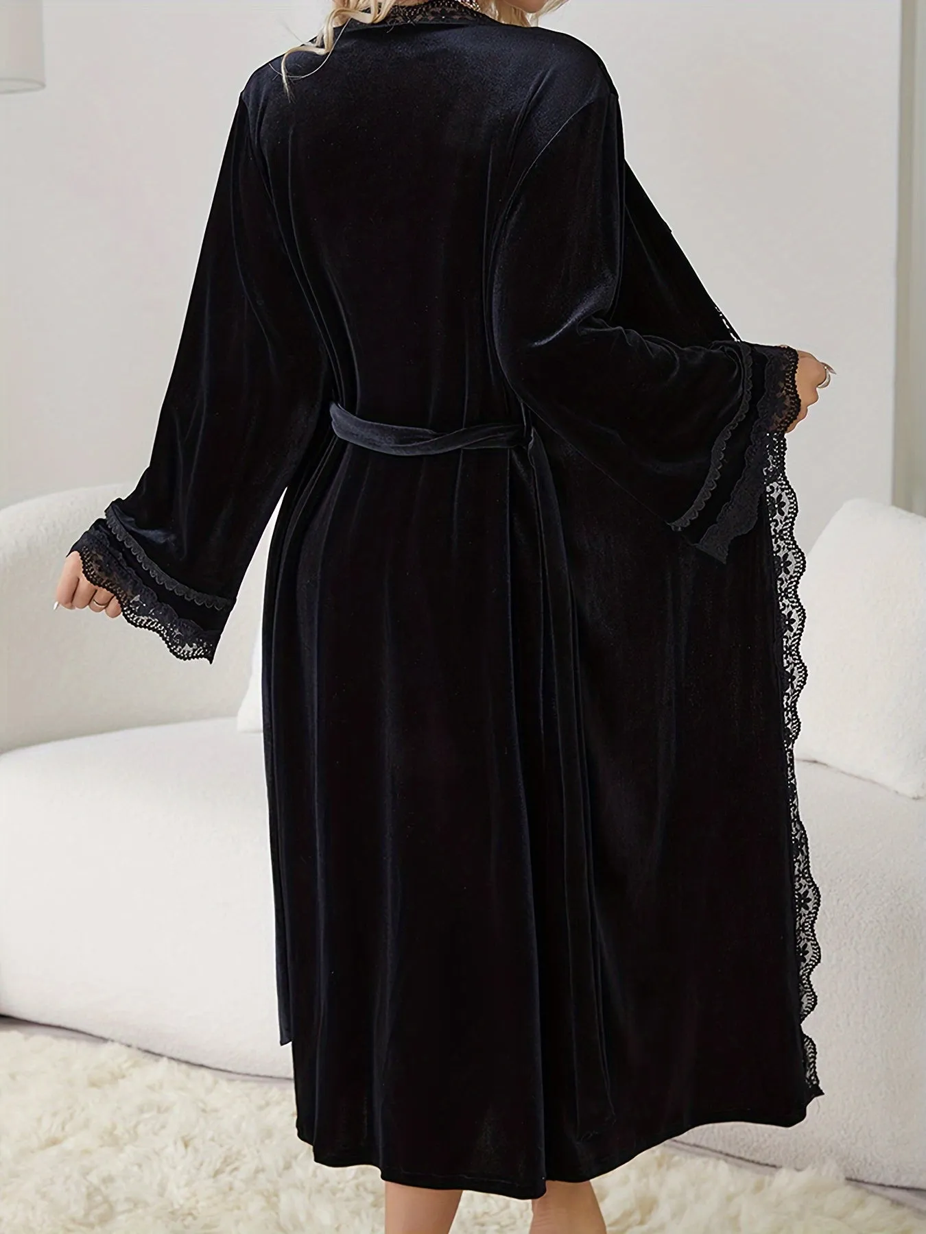 Luxurious Velvet Night Robe - Soft Bell Sleeve, Longline Design, Adjustable Belt, Elegant Lace Trim, Cozy Women's Loungewear and Sleepwear for Relaxation