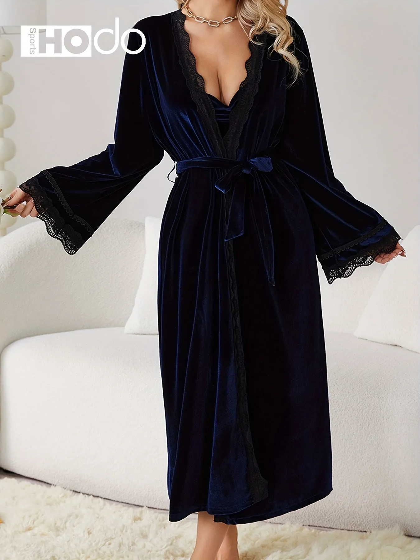 Luxurious Velvet Night Robe - Soft Bell Sleeve, Longline Design, Adjustable Belt, Elegant Lace Trim, Cozy Women's Loungewear and Sleepwear for Relaxation