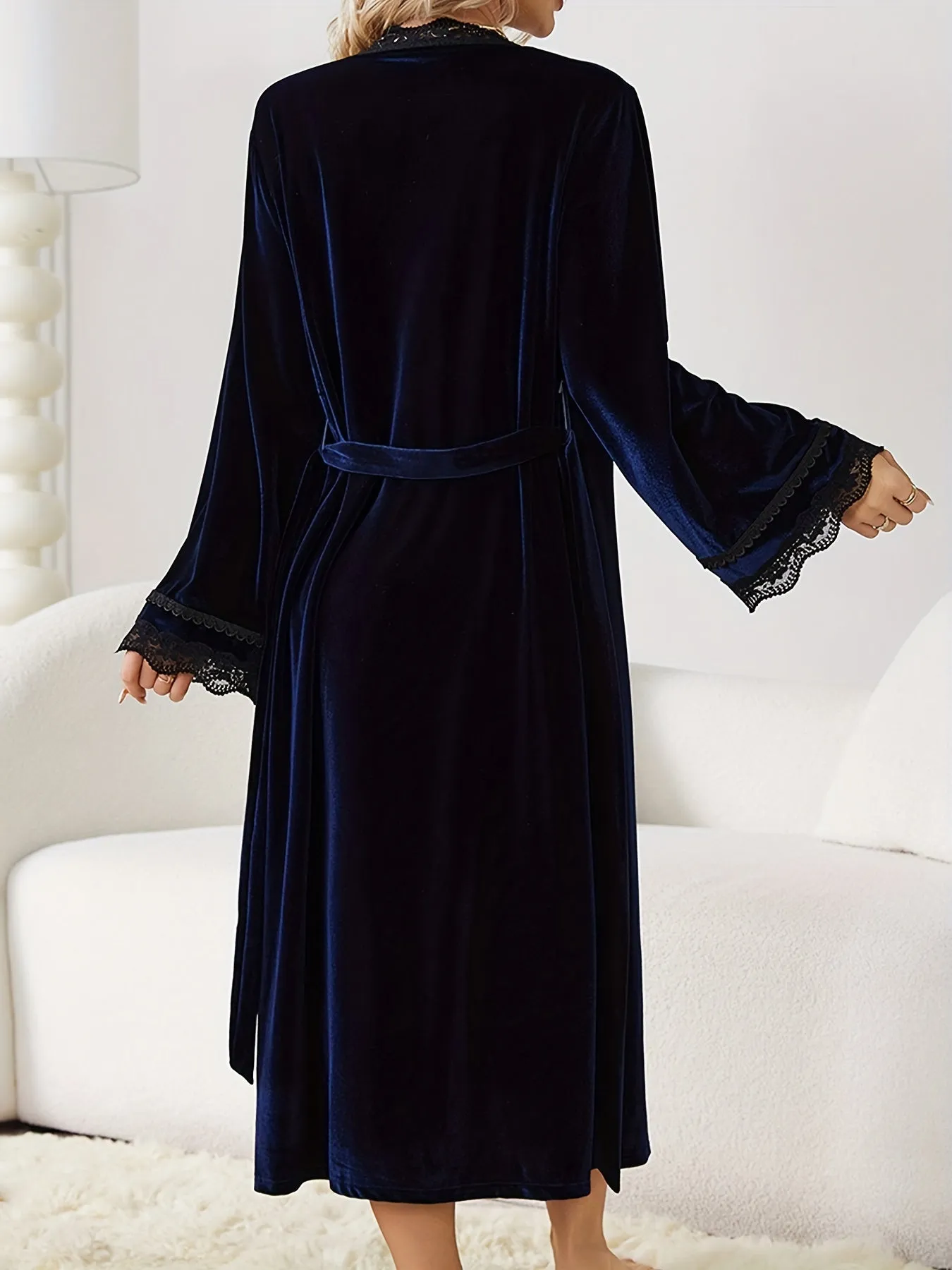 Luxurious Velvet Night Robe - Soft Bell Sleeve, Longline Design, Adjustable Belt, Elegant Lace Trim, Cozy Women's Loungewear and Sleepwear for Relaxation