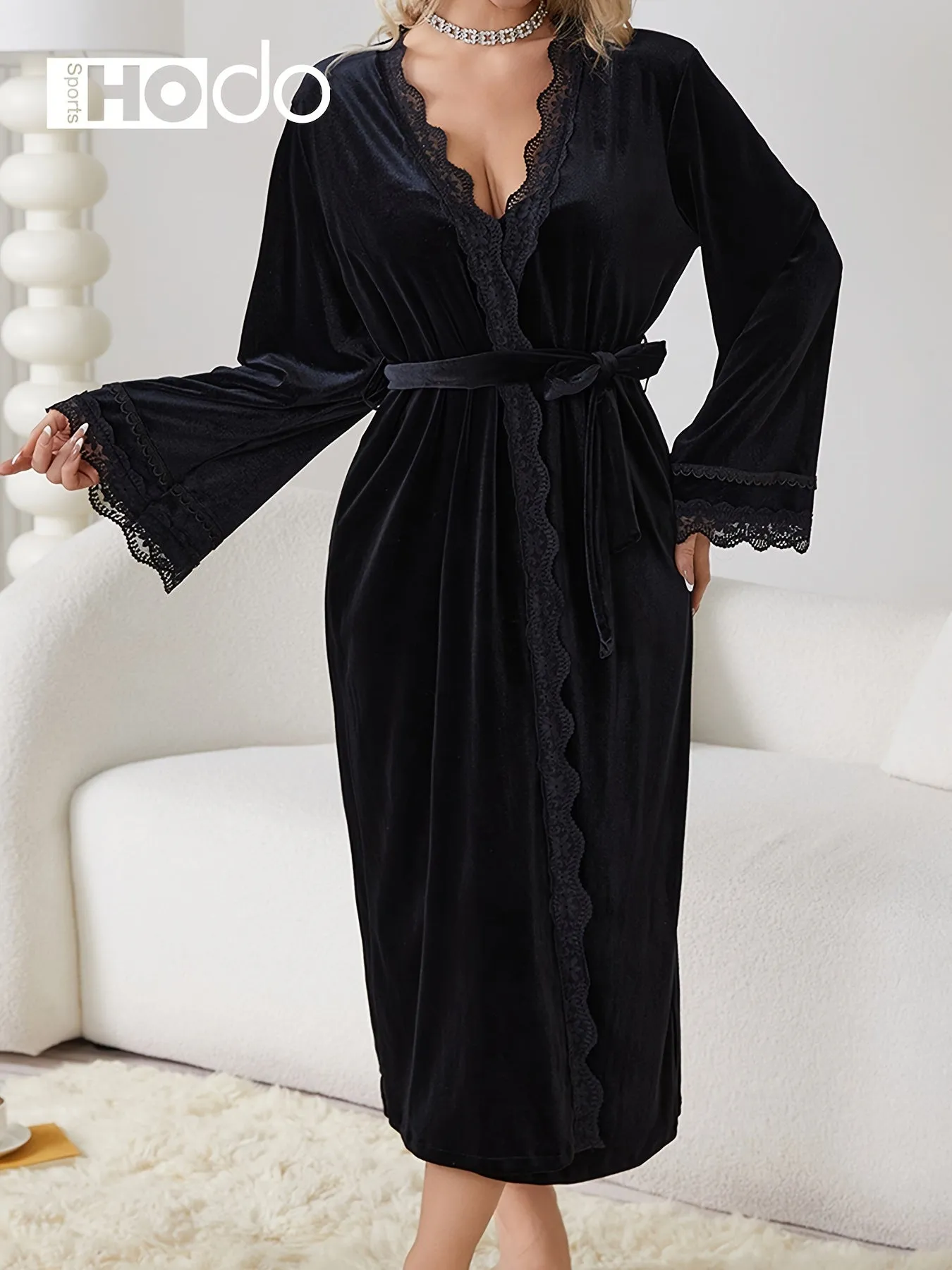 Luxurious Velvet Night Robe - Soft Bell Sleeve, Longline Design, Adjustable Belt, Elegant Lace Trim, Cozy Women's Loungewear and Sleepwear for Relaxation