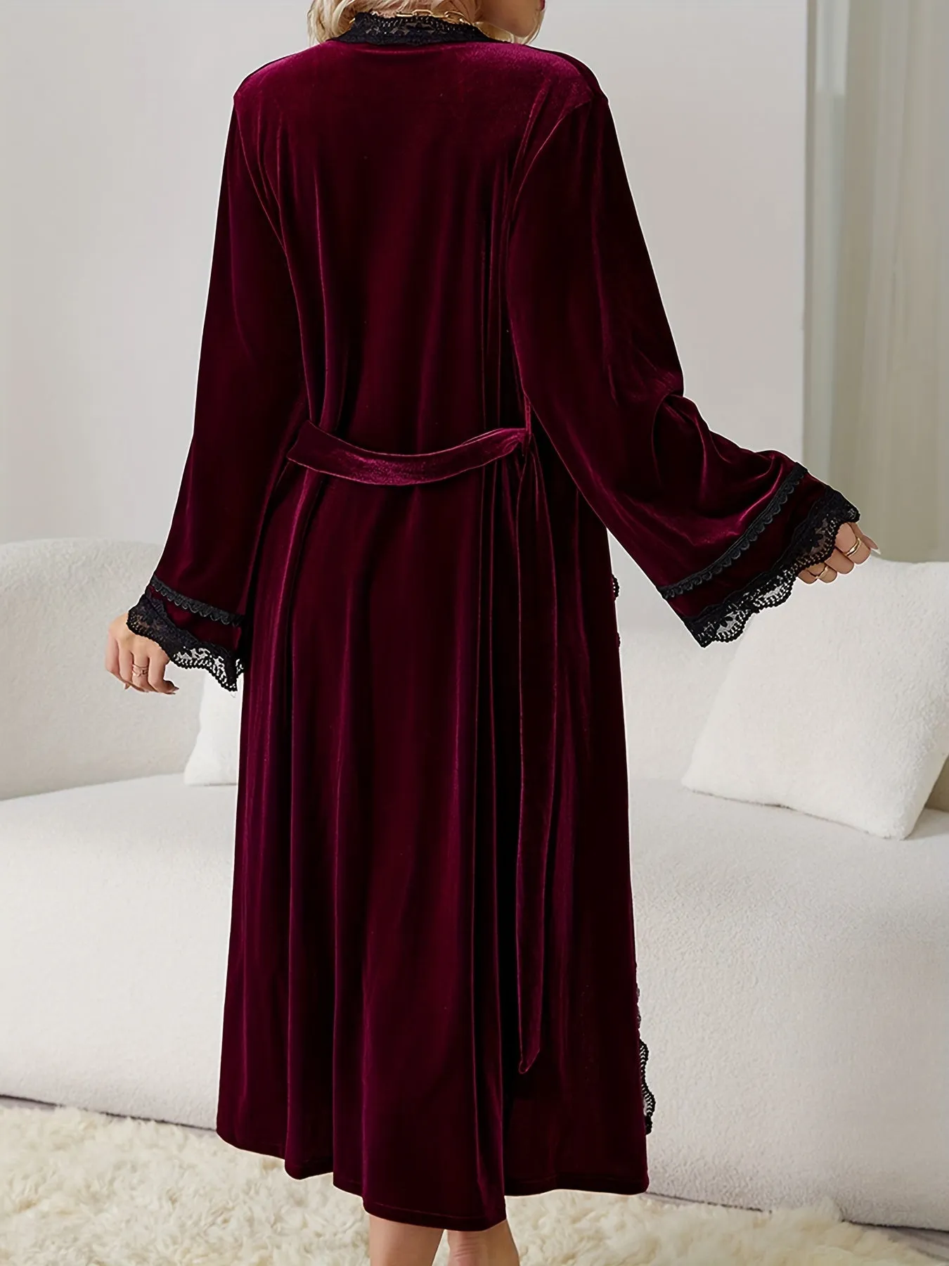 Luxurious Velvet Night Robe - Soft Bell Sleeve, Longline Design, Adjustable Belt, Elegant Lace Trim, Cozy Women's Loungewear and Sleepwear for Relaxation