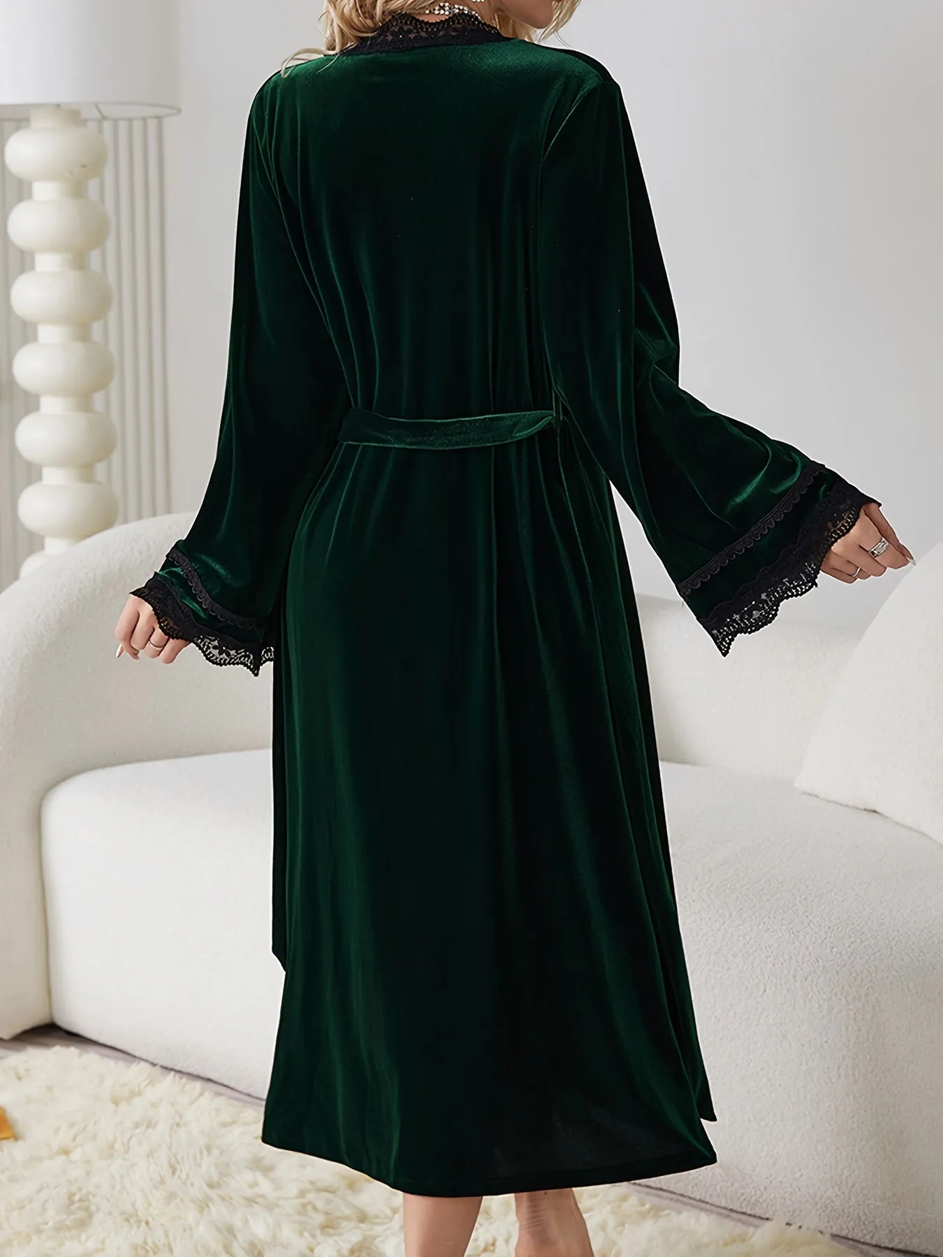 Luxurious Velvet Night Robe - Soft Bell Sleeve, Longline Design, Adjustable Belt, Elegant Lace Trim, Cozy Women's Loungewear and Sleepwear for Relaxation