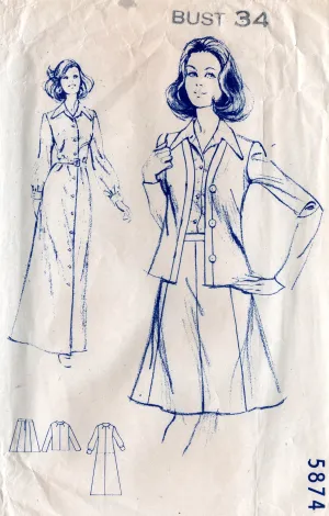 Mail Order 5874 Womens Maxi Shirtdress Cardigan Blouse & Skirt 1970s Vintage Sewing Pattern Bust 34 inches UNUSED Factory Folded