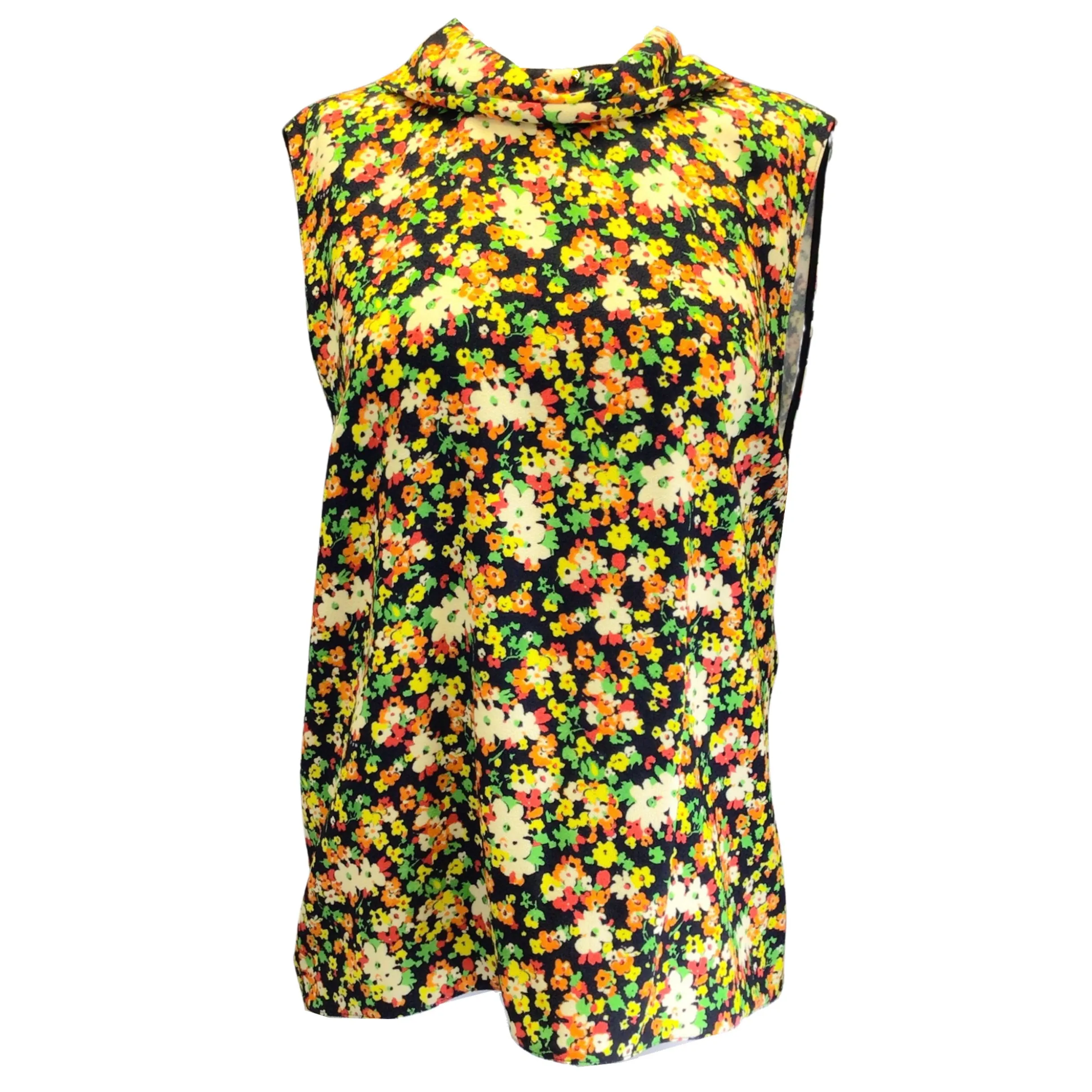 Marni Black Multi Lovers Prairie Sable Floral Printed Sleeveless Cowl Neck Crepe Blouse