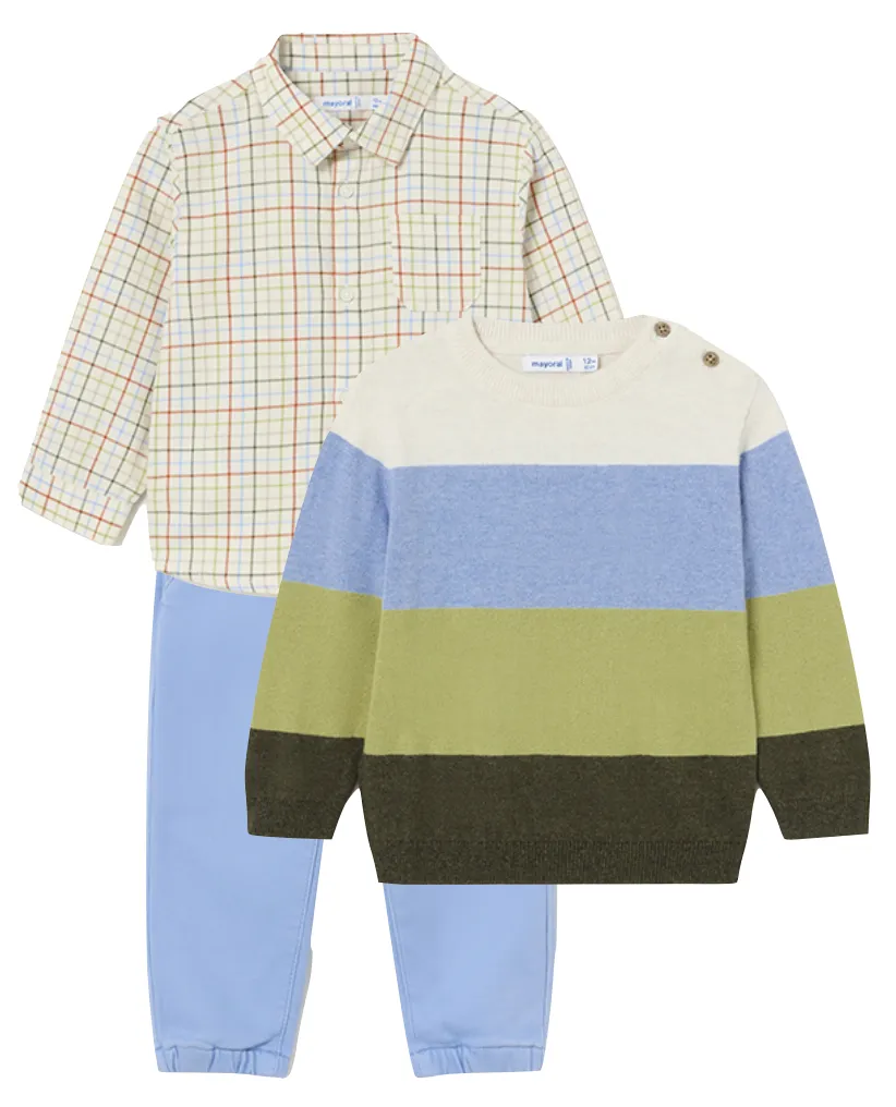 Mayoral 2191 Check Shirt, 2536 Pale Blue Trousers and 2315 Stripe Jumper In Stock Now