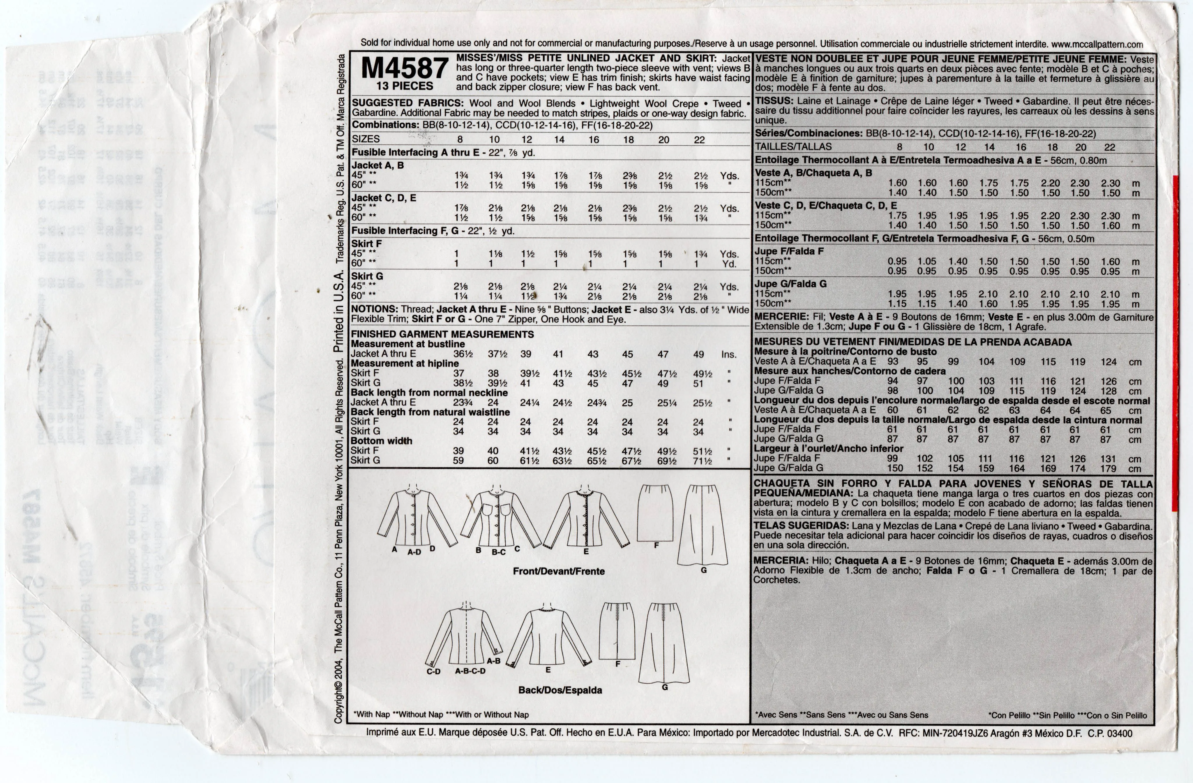 McCall's M4587 Womens Mix N Match Skirt Suits Out Of Print Sewing Pattern Size 10 - 16 UNCUT Factory Folded