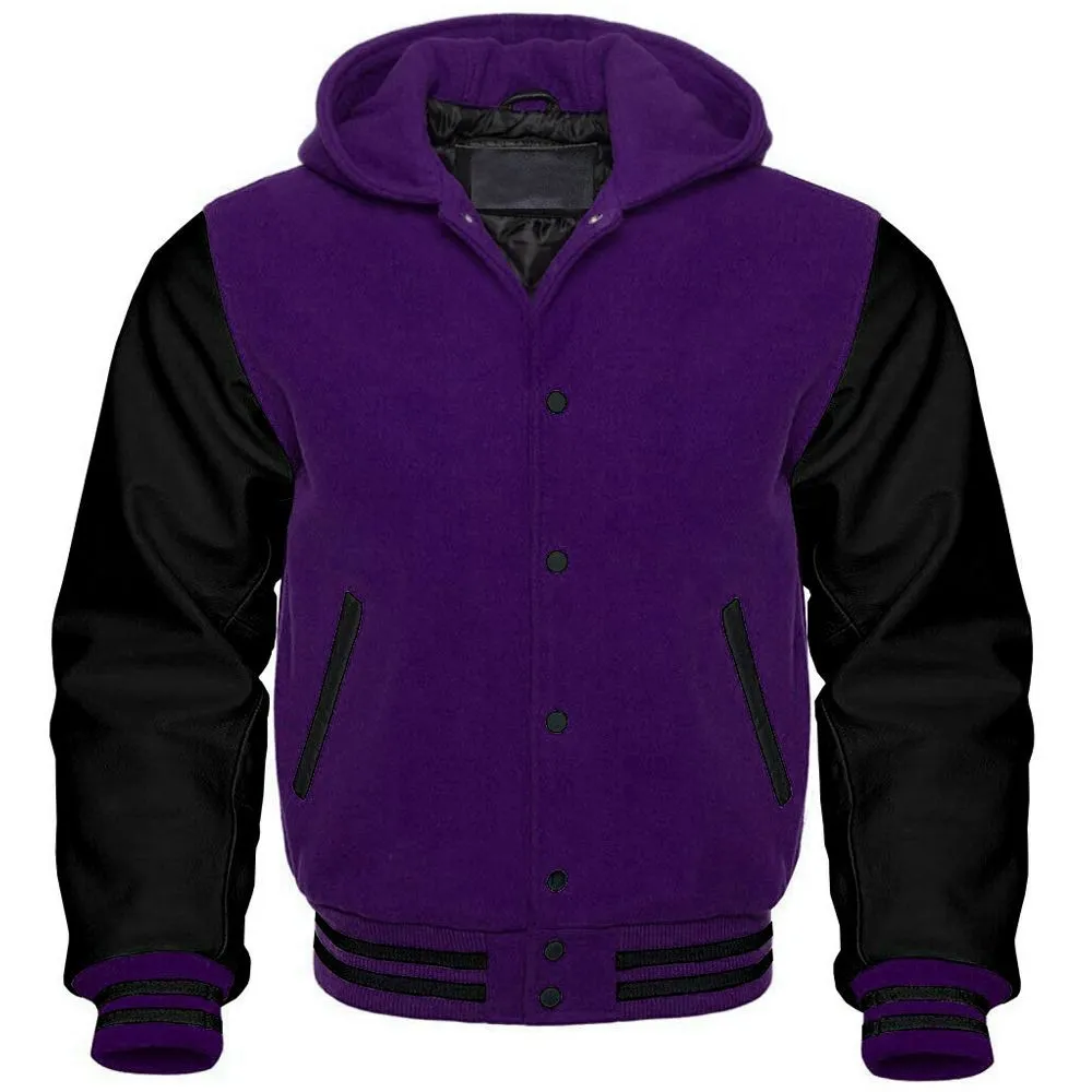 Men's Purple and Black Hooded Varsity Jacket