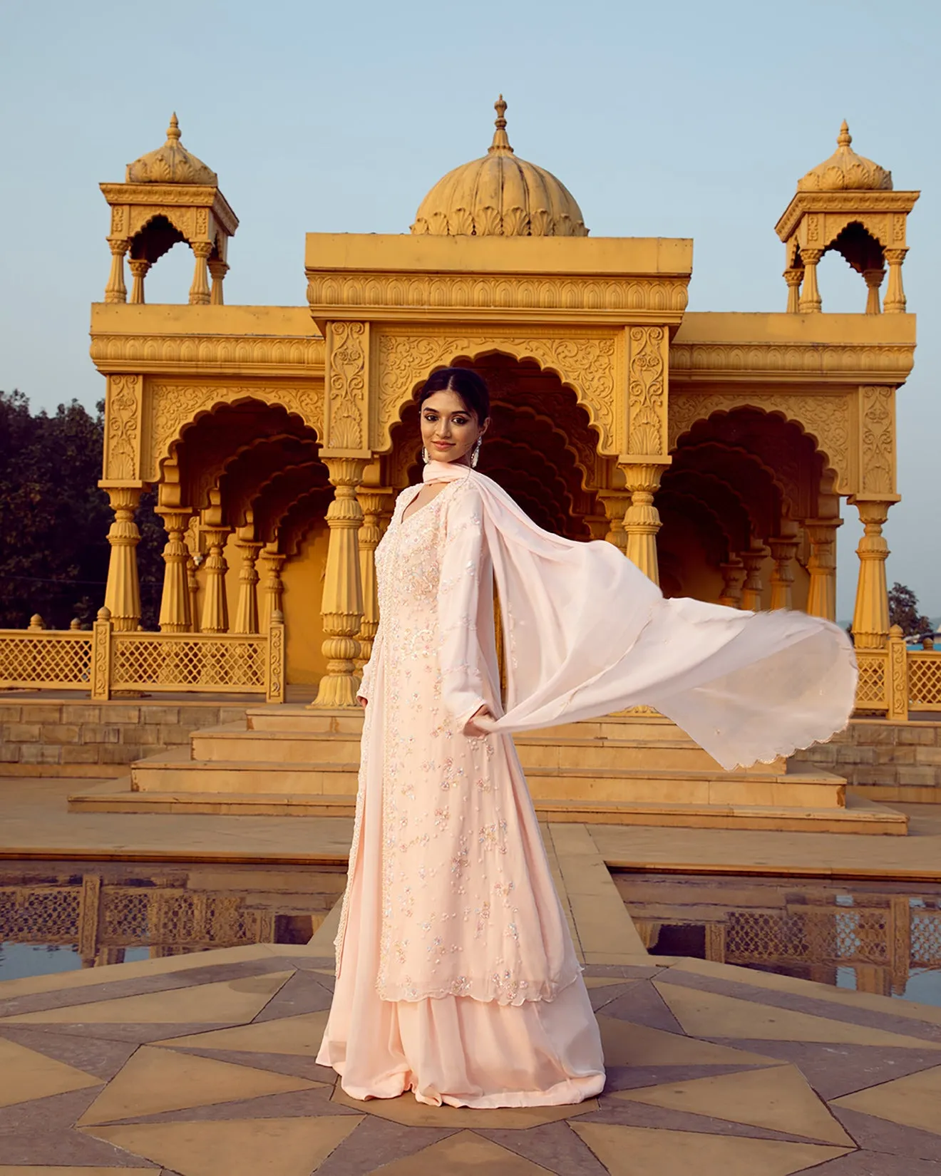 Misty Peach Embroidered Front Slit Suit Set