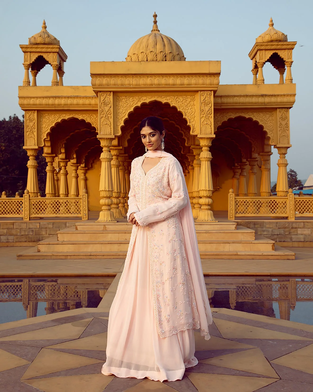 Misty Peach Embroidered Front Slit Suit Set