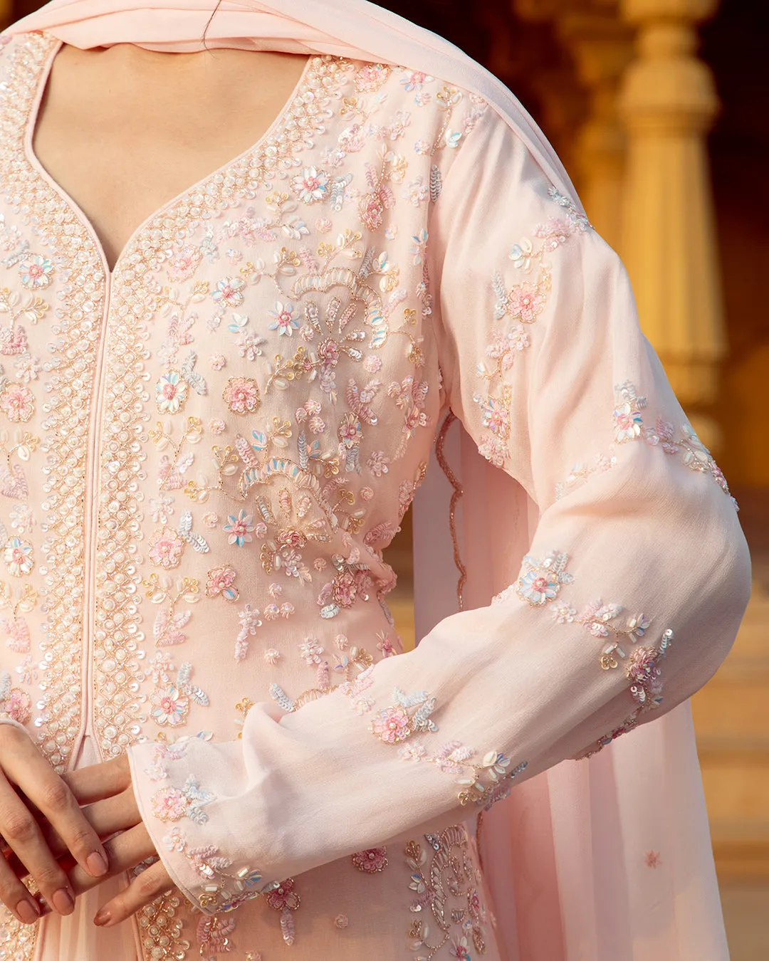 Misty Peach Embroidered Front Slit Suit Set