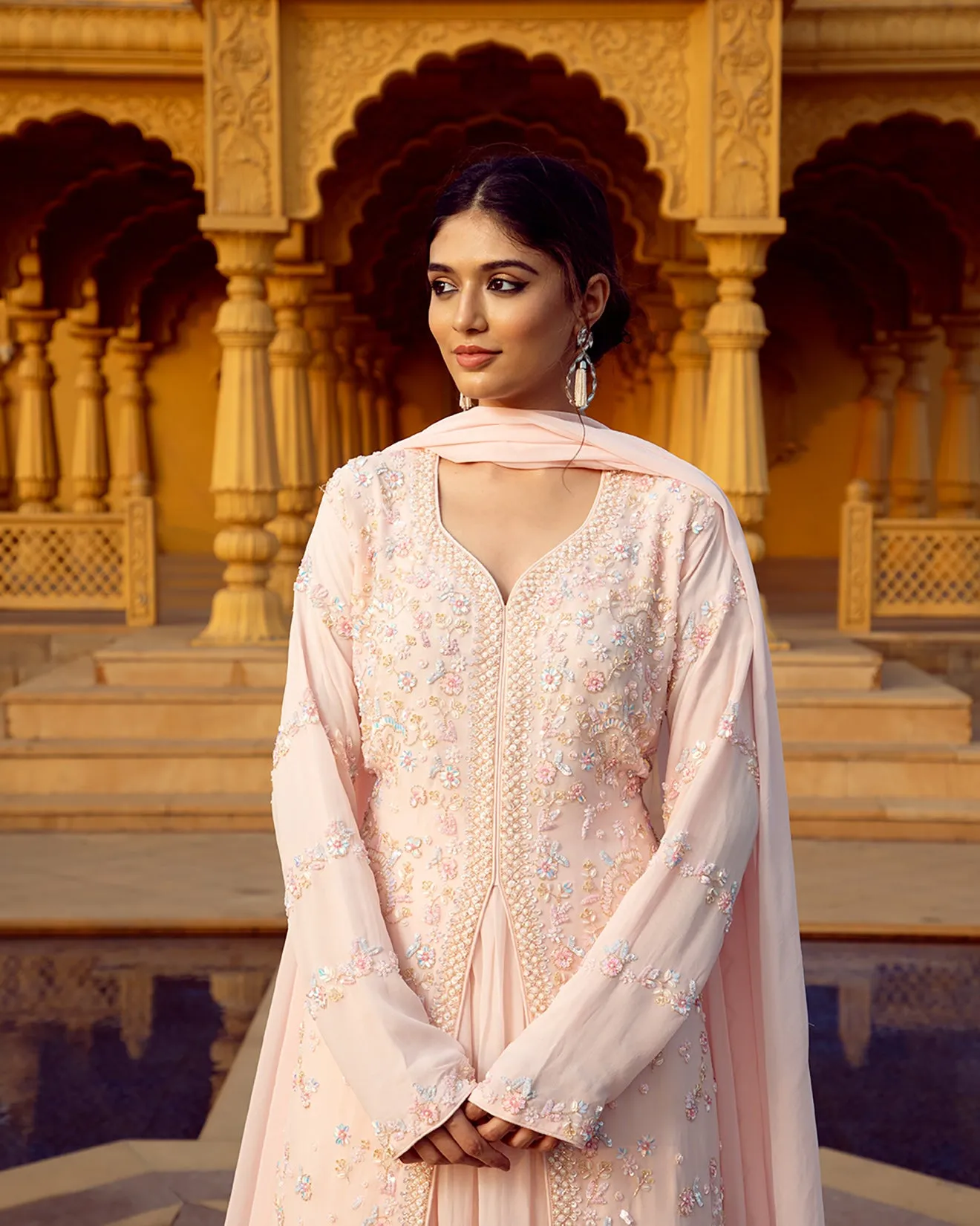 Misty Peach Embroidered Front Slit Suit Set