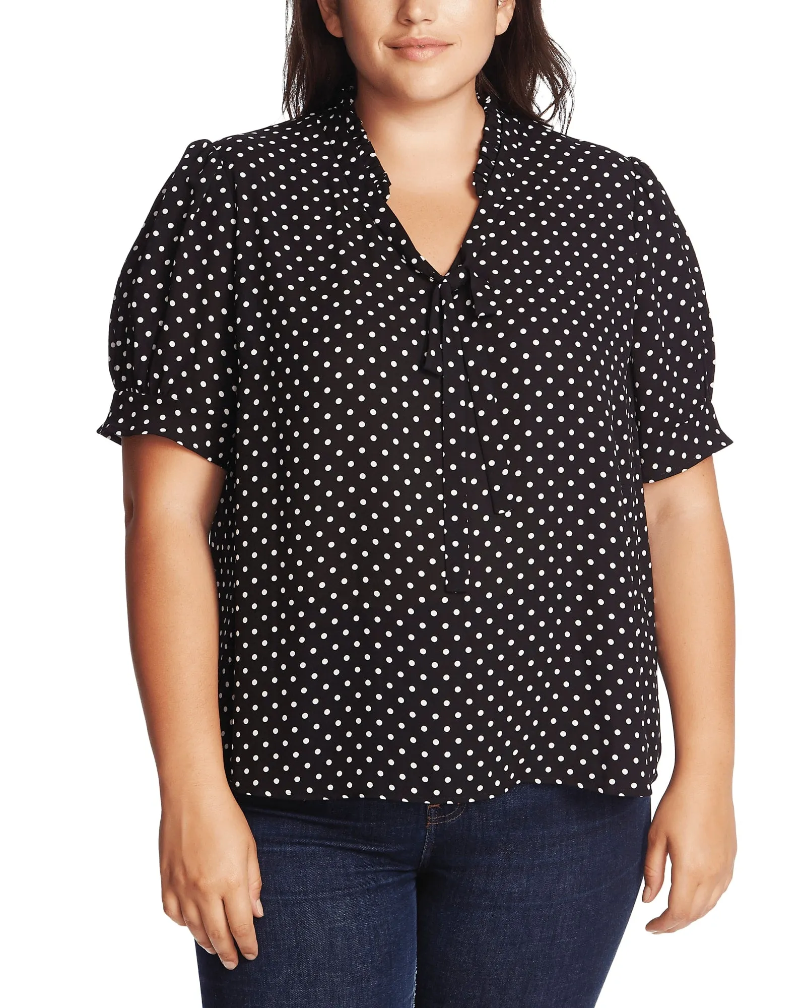Molly Polka-Dot Tie-Neck Top | 060-RICH BLACK