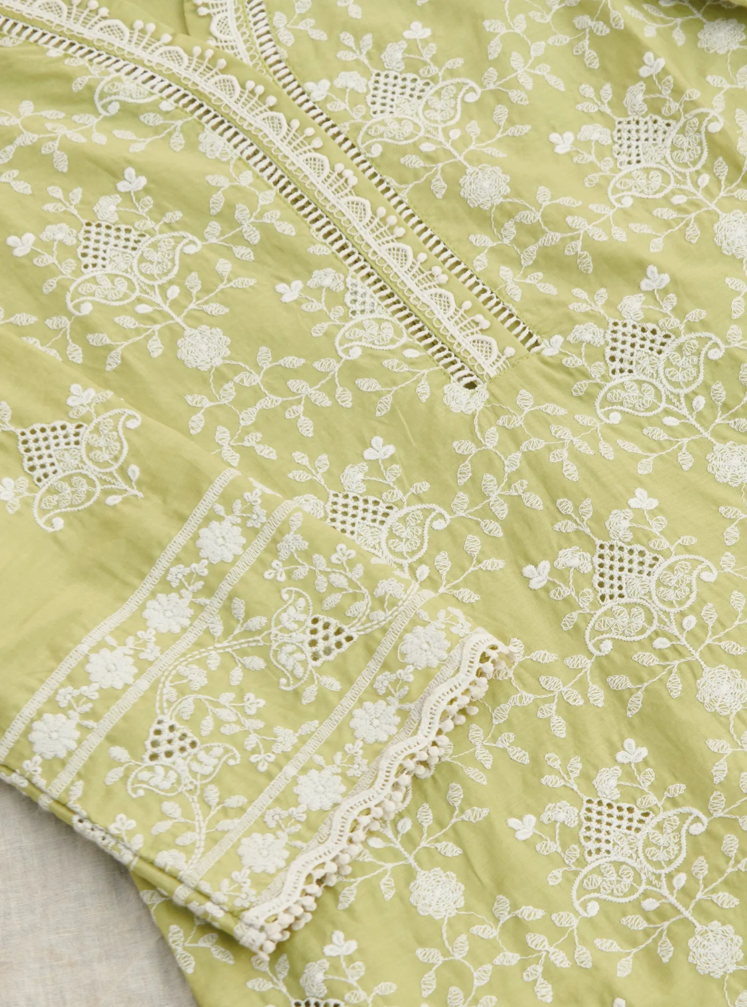 Mulmul Cotton Verla Lime Kurta With Mulmul Cotton Verla White Pant