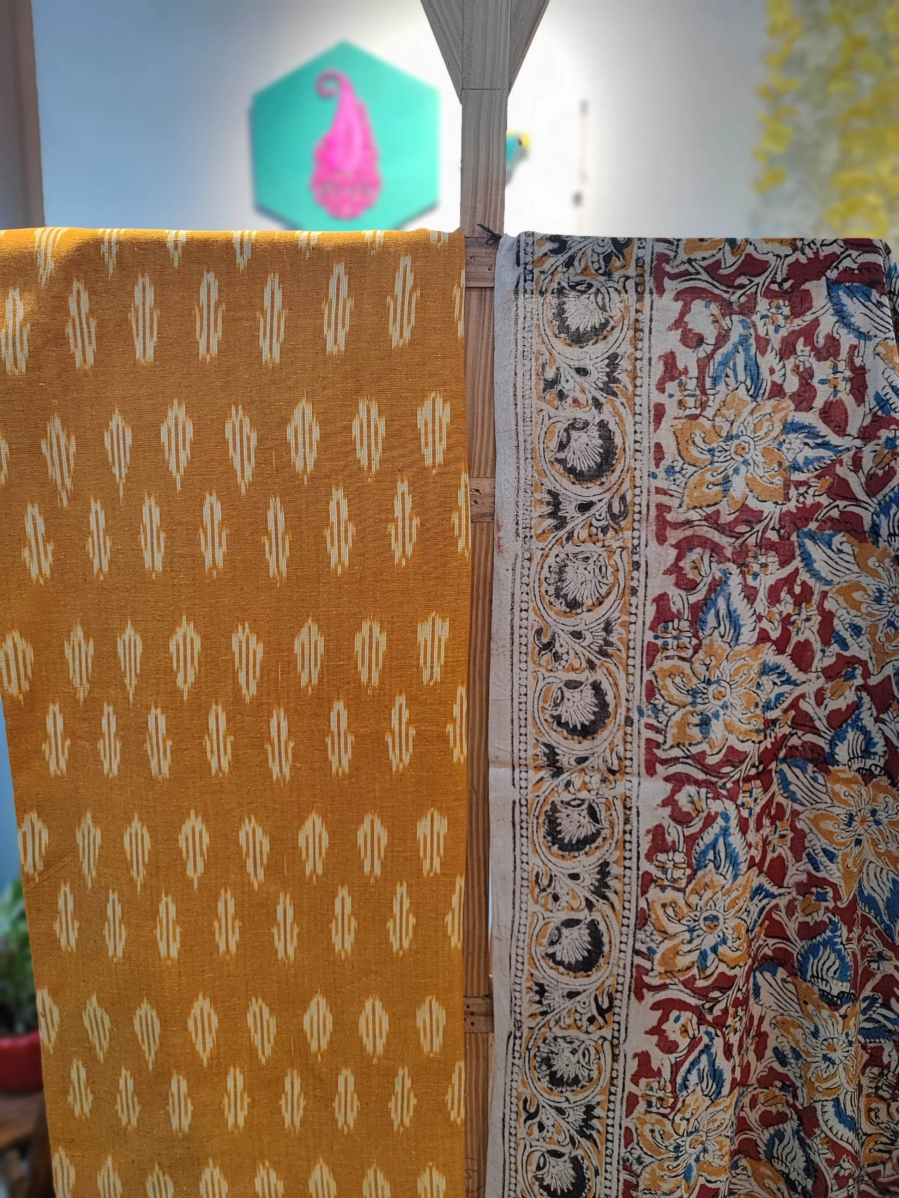 Mustard Ikkat Suit with Red Kalamkari Cotton Pant and Multicolor Dupatta