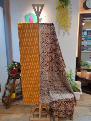 Mustard Ikkat Suit with Red Kalamkari Cotton Pant and Multicolor Dupatta