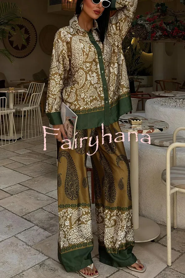 Naya Satin Contrast Color Paisley Long Sleeve Shirt and Elastic Waist Pocketed Pants Set