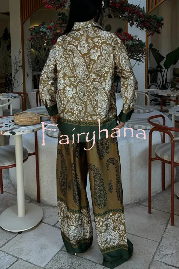 Naya Satin Contrast Color Paisley Long Sleeve Shirt and Elastic Waist Pocketed Pants Set