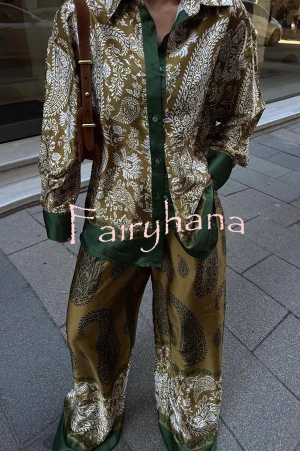 Naya Satin Contrast Color Paisley Long Sleeve Shirt and Elastic Waist Pocketed Pants Set