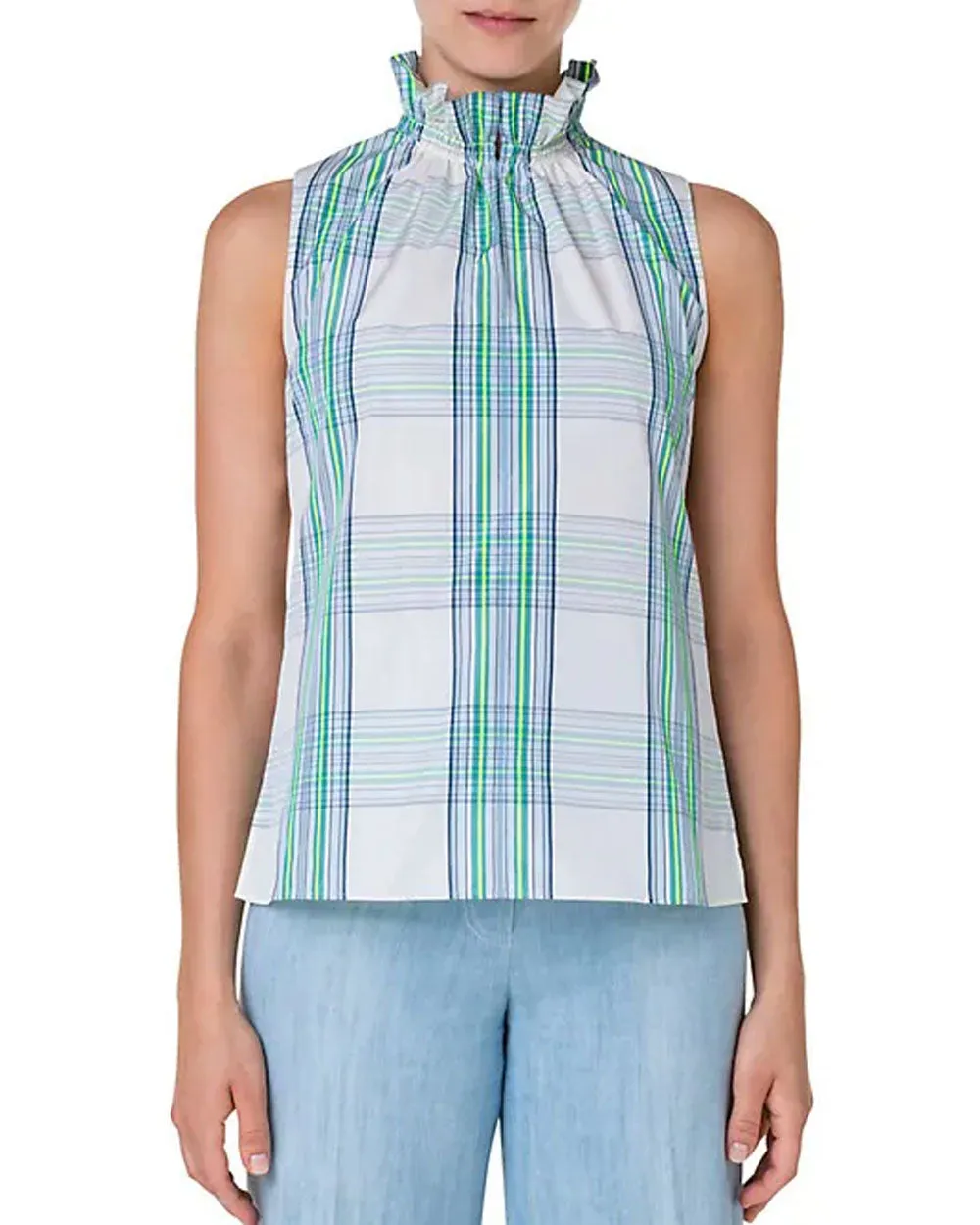 Neon Yellow Check Techno Taffeta Sleeveless Blouse