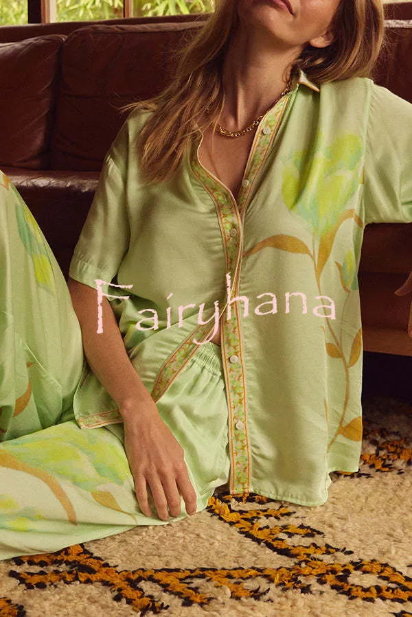 Niah Satin Tulip Print Lapel Short Sleeve Shirt and Elastic Waist Tie Pocket Wide Leg Pants Set