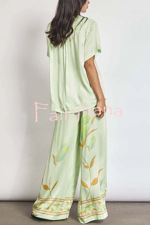 Niah Satin Tulip Print Lapel Short Sleeve Shirt and Elastic Waist Tie Pocket Wide Leg Pants Set