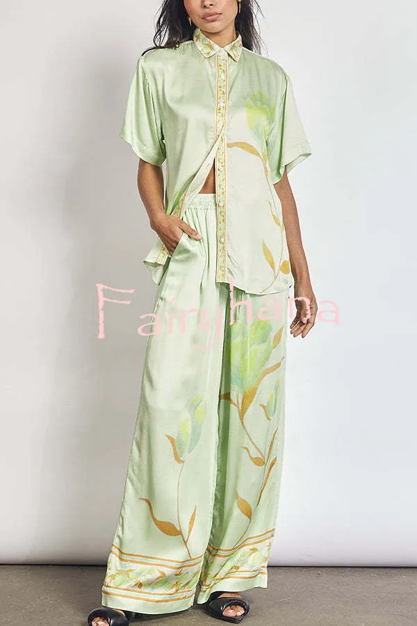 Niah Satin Tulip Print Lapel Short Sleeve Shirt and Elastic Waist Tie Pocket Wide Leg Pants Set