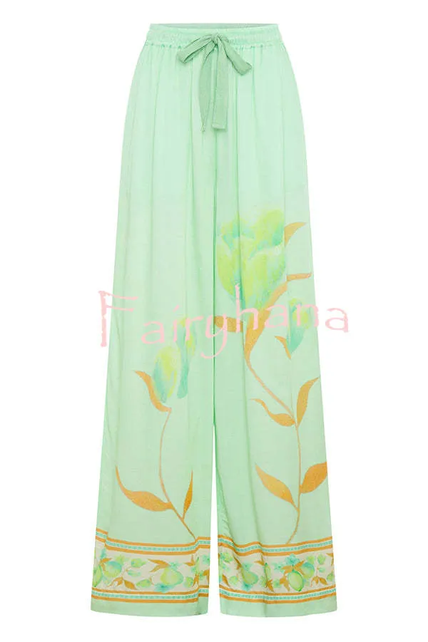 Niah Satin Tulip Print Lapel Short Sleeve Shirt and Elastic Waist Tie Pocket Wide Leg Pants Set