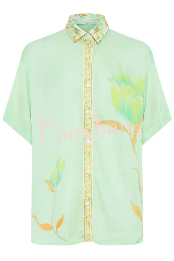 Niah Satin Tulip Print Lapel Short Sleeve Shirt and Elastic Waist Tie Pocket Wide Leg Pants Set