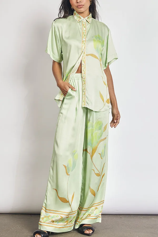 Niah Satin Tulip Print Lapel Short Sleeve Shirt and Elastic Waist Tie Pocket Wide Leg Pants Set