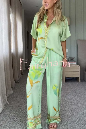 Niah Satin Tulip Print Lapel Short Sleeve Shirt and Elastic Waist Tie Pocket Wide Leg Pants Set