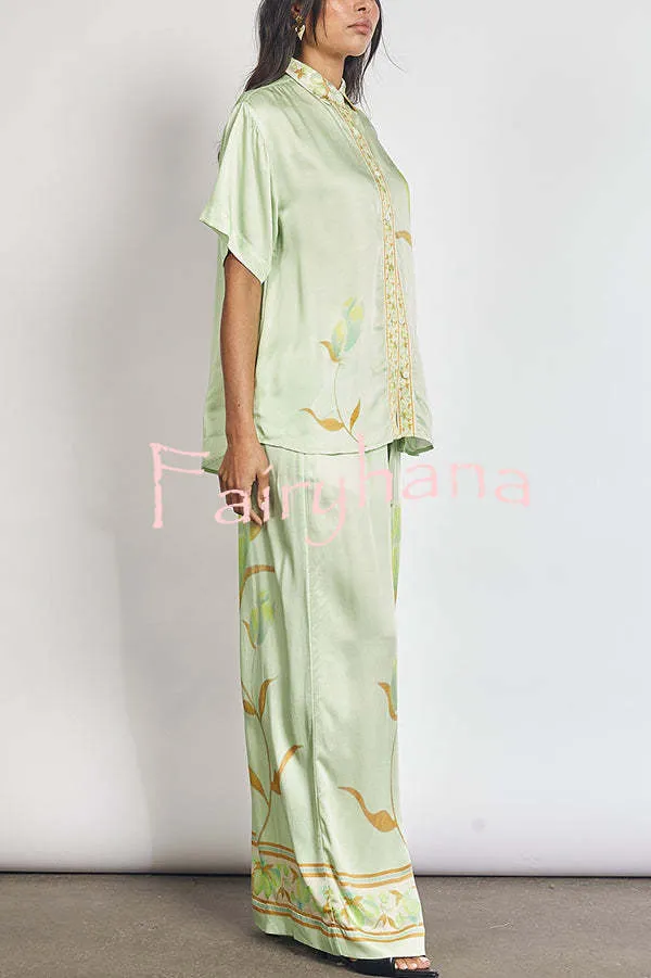 Niah Satin Tulip Print Lapel Short Sleeve Shirt and Elastic Waist Tie Pocket Wide Leg Pants Set
