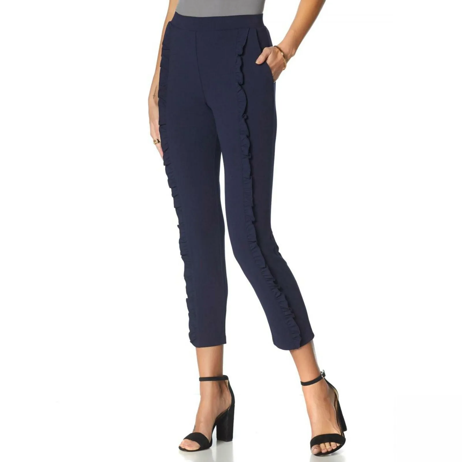 Nina Leonard Women's High Tech Crepe Skinny Pant With Ruffle Navy Large