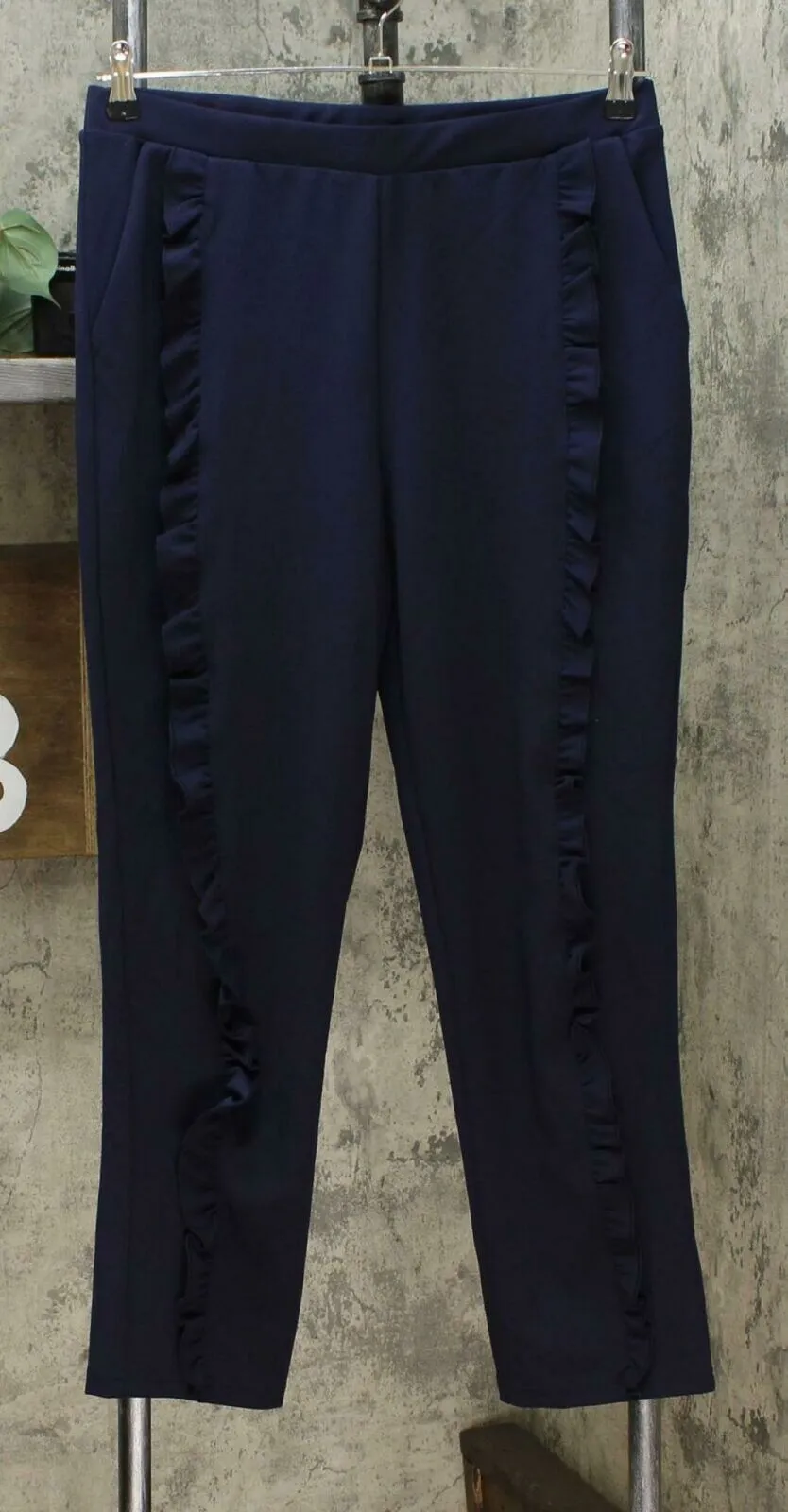 Nina Leonard Women's High Tech Crepe Skinny Pant With Ruffle Navy Large