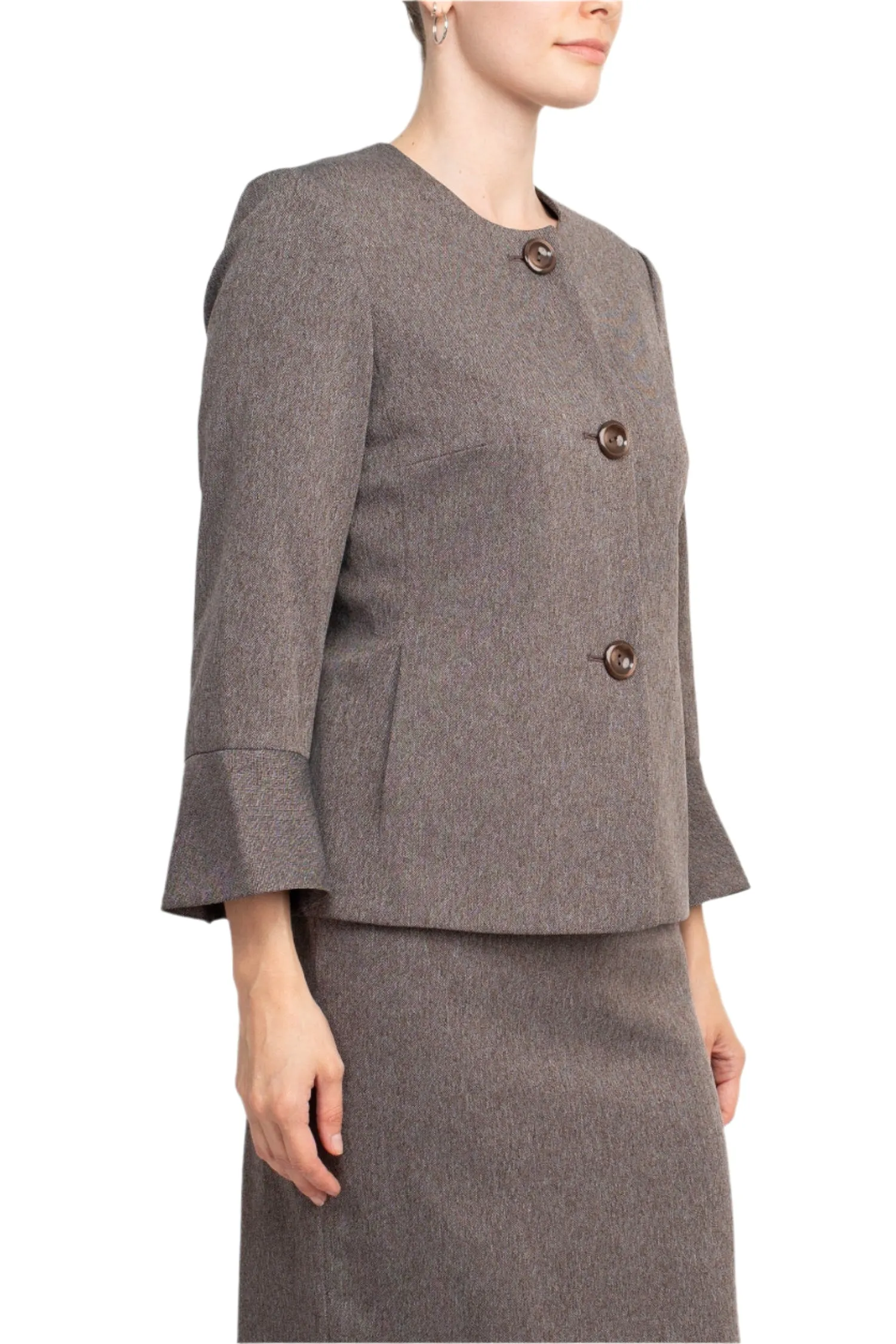NYP Suits Crew Neck Long Sleeve 3 Button Pockets Zipper Back Slit Back Crepe Skirt Set