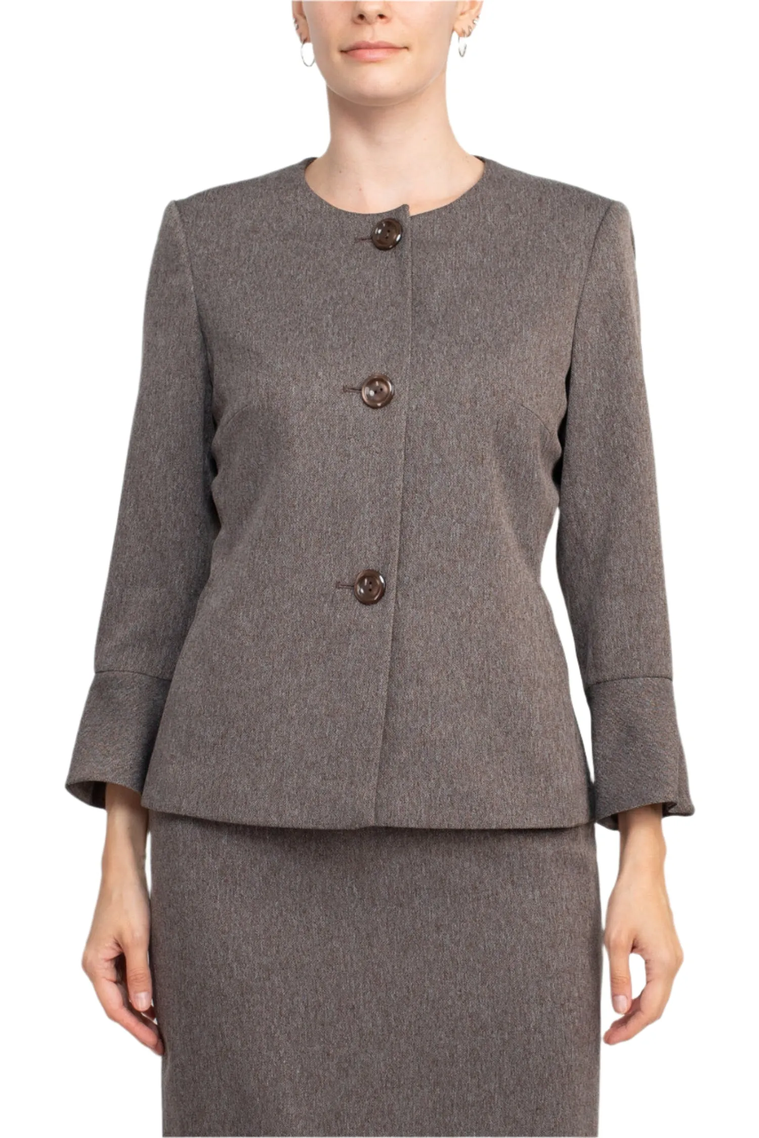 NYP Suits Crew Neck Long Sleeve 3 Button Pockets Zipper Back Slit Back Crepe Skirt Set