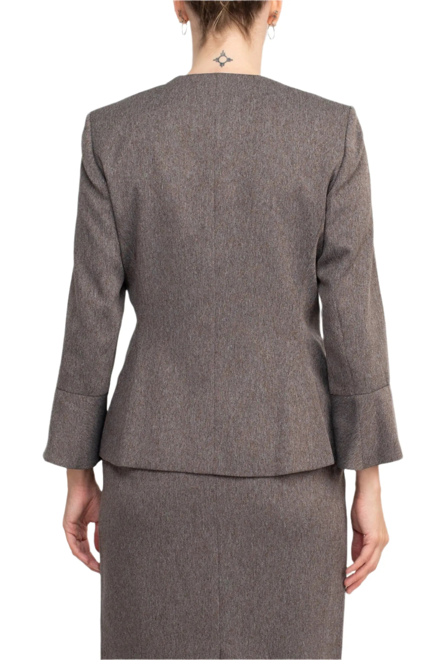 NYP Suits Crew Neck Long Sleeve 3 Button Pockets Zipper Back Slit Back Crepe Skirt Set