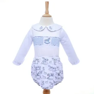 Ocean Baby Boys Pastel Rocking Horse Smocked Buster Suit Set (NB-3Yrs)