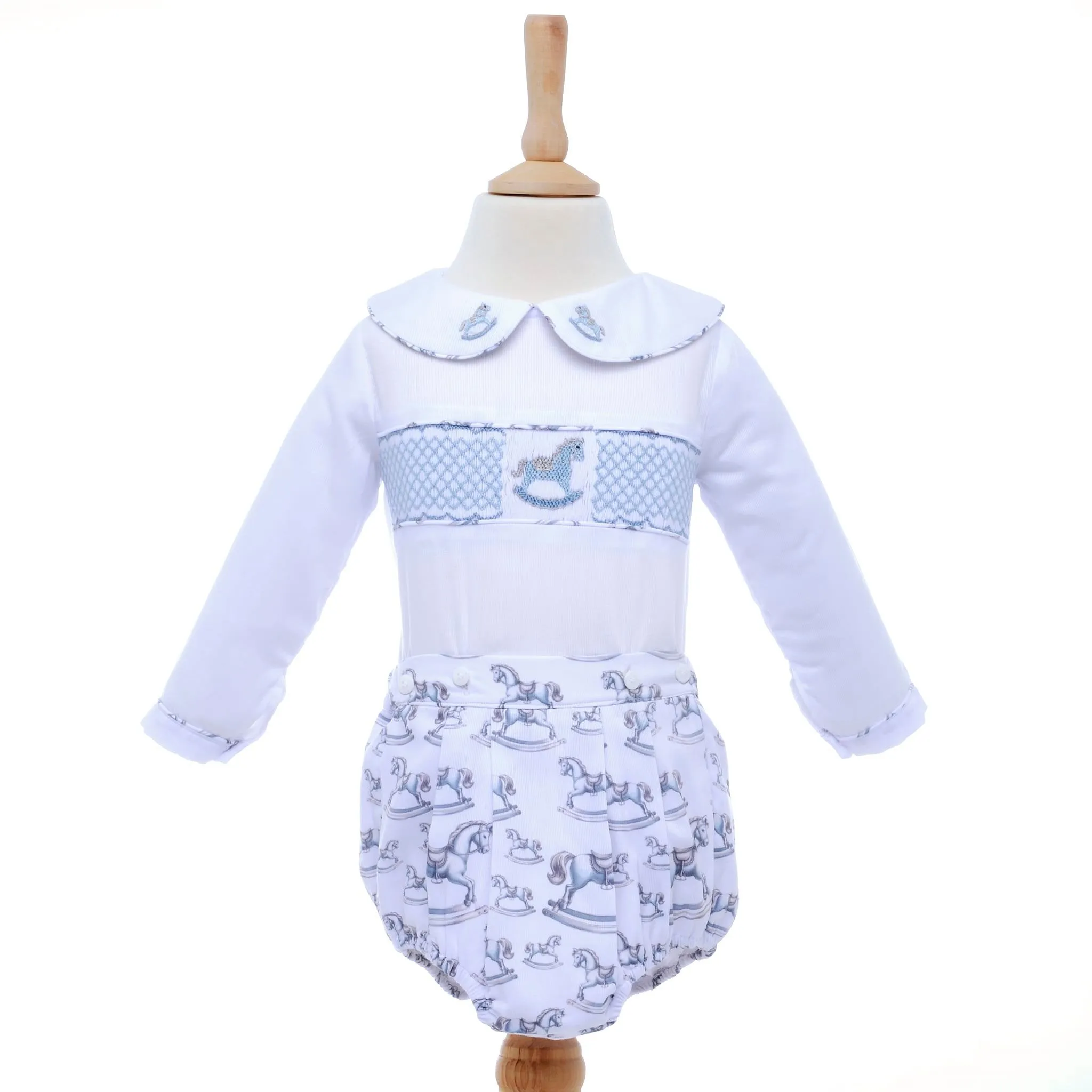 Ocean Baby Boys Pastel Rocking Horse Smocked Buster Suit Set (NB-3Yrs)