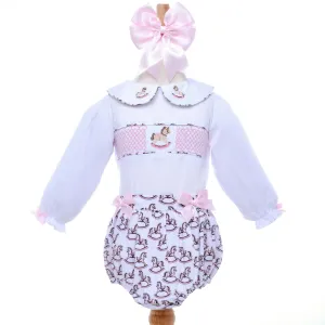 Ocean Baby Girls Pastel Rocking Horse Smocked Buster Suit (NB-3Yrs)