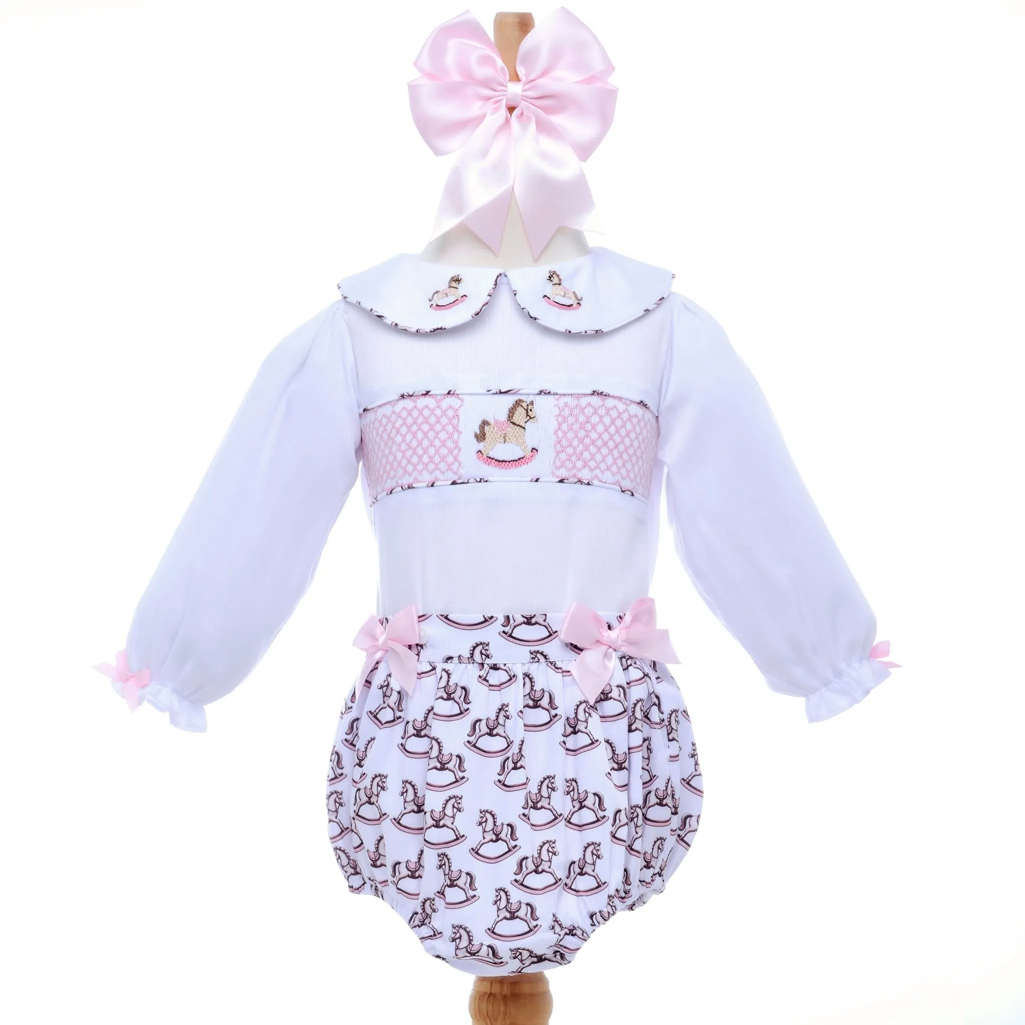 Ocean Baby Girls Pastel Rocking Horse Smocked Buster Suit (NB-3Yrs)