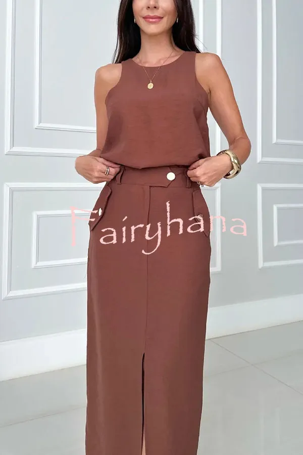 Office Lady Sleeveless Crewneck Top and Metal Button Pocket Slit Midi Skirt Set