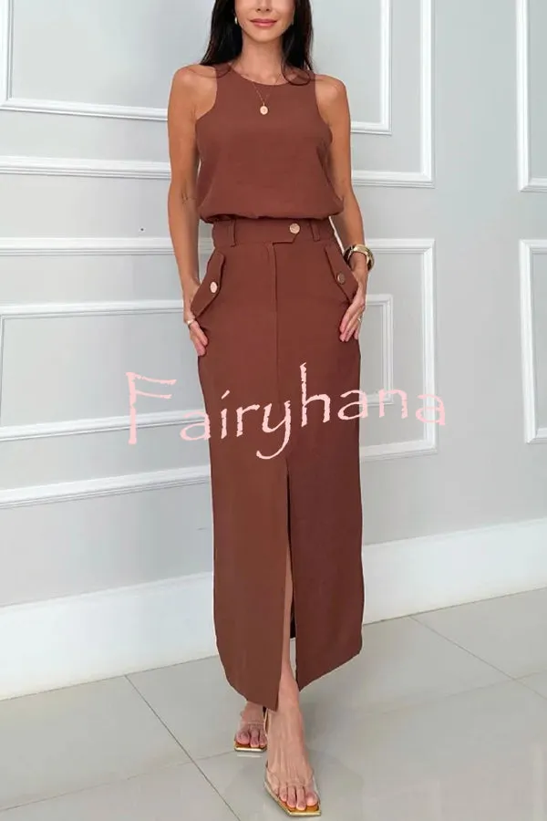 Office Lady Sleeveless Crewneck Top and Metal Button Pocket Slit Midi Skirt Set