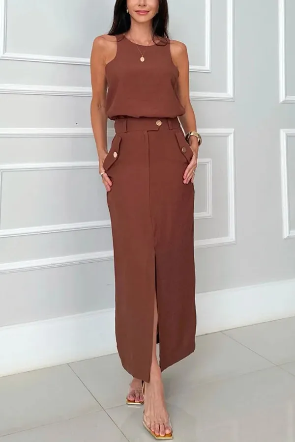 Office Lady Sleeveless Crewneck Top and Metal Button Pocket Slit Midi Skirt Set